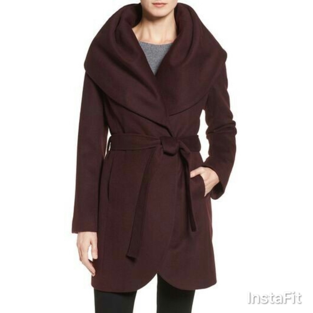 T Tahari Wool Blend Belted Wrap Coat Merlot Small